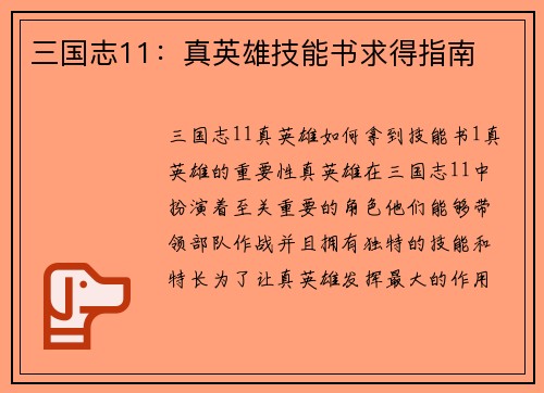 三国志11：真英雄技能书求得指南
