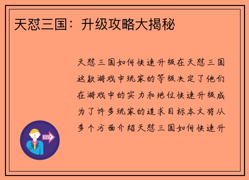 天怼三国：升级攻略大揭秘