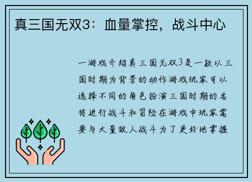 真三国无双3：血量掌控，战斗中心